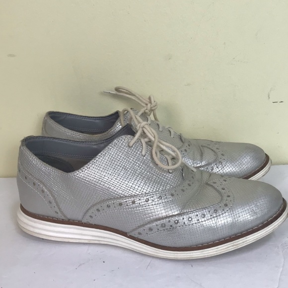 Cole Haan Original Grand Wingtip Oxford Shoes Leather Silver Gray Metallic Comfy - Picture 2 of 14